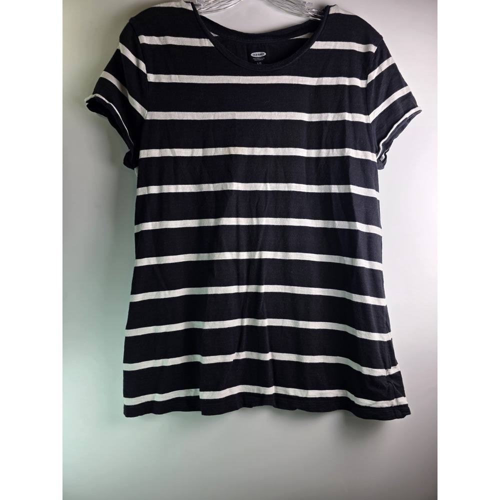 OLD NAVY WHITE‎ & BLUE STRIPE SHORT SLEEVE SWING TOPS- WOMEN'S LARGE